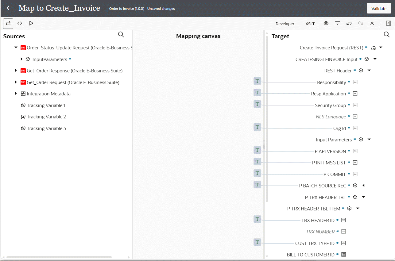 Function icons containing the assigned values are visible in the Mapping Canvas for all the target elements listed in the table above.