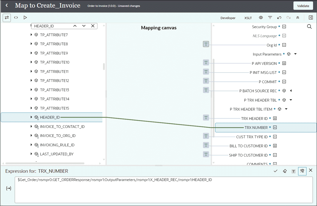 The mapped source and target elements are connected in a green line. The expression for the mapping is defined as follows: $Get_Order/nsmpr0:GET_ORDERResponse/nsmpr1:OutputParameters/nsmpr1:X_HEADER_REC/nsmpr1:HEADER_ID