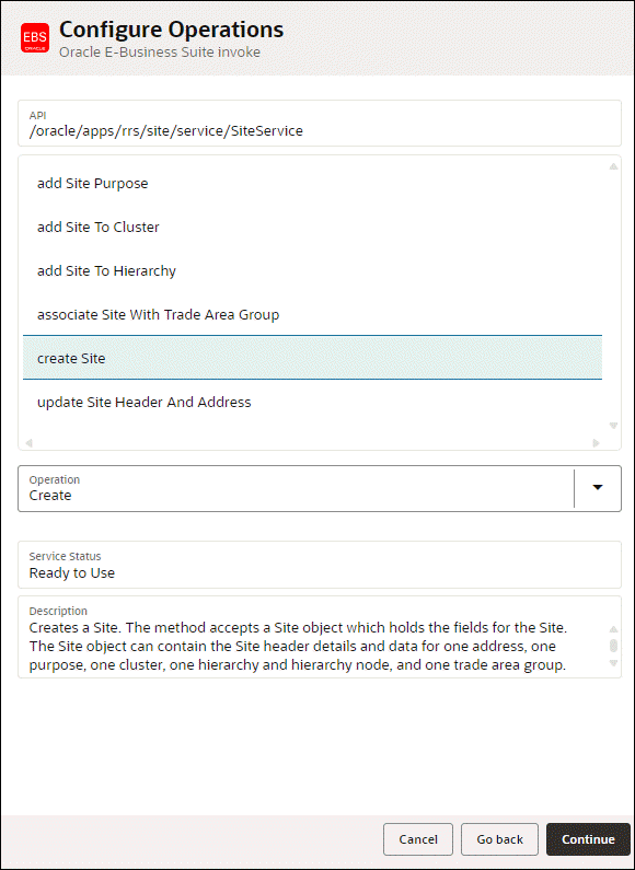 This image shows the Configure Operations page of the Oracle E-Business Suite Adapter Endpoint Configuration Wizard. The following fields are displayed top to bottom: API, Methods, Operation, Service Status, and Description