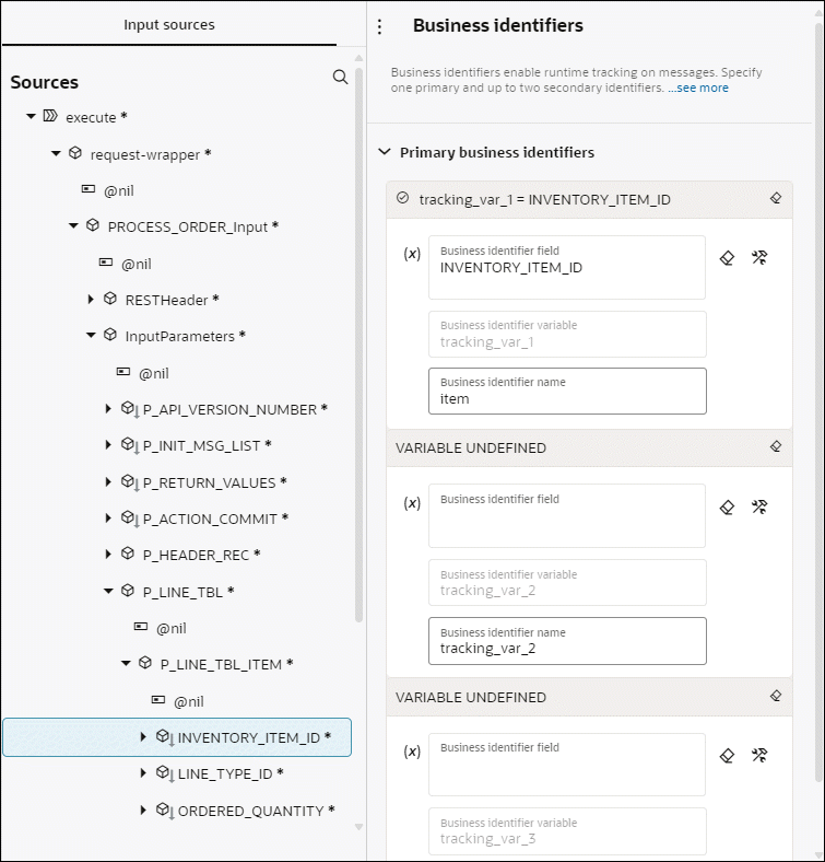 This image shows the Business identifiers panel. The Input sources tree is displayed on the left side. On the right side, the Primary business identifiers fields are shown. In this example, a field called “INVENTORY_ITEM_ID” from the Sources tree is being dragged to the Business identifiers field on the right side. Hence, a checkmark is displayed to the left of this element.