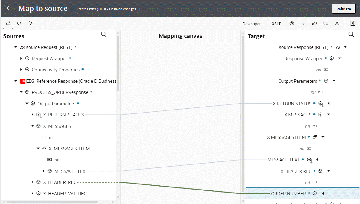 At the top left are the Designer, Code, and Test buttons. To the right are the Developer, XSLT, View, and Filter buttons. Below this are the Sources, Mapping Canvas, and Target sections. The X_RETURN_STATUS, MESSAGE_TEXT, and ORDER_NUMBER source data elements are mapped to the X_RETURN_STATUS, MESSAGE_TEXT, and ORDER_NUMBER target data elements respectively.
