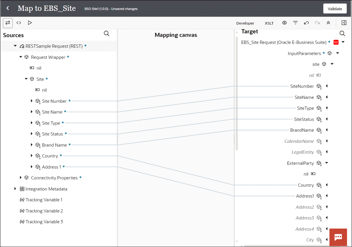 The Site Number, Site Name, Site Type, Site Status, Brand Name, Country, and Address 1 source elements are mapped to the same corresponding target elements.