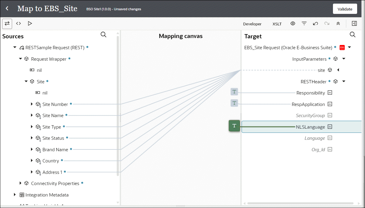 This image shows the mapper for the EBS_Site activity. At the top left are the Designer, Code, and Test buttons. To the right are the Developer, XSLT, View, and Filter buttons. Below this are the Sources, Mapping Canvas, and Target sections. The Site Number, Site Name, Site Status, Brand Name, Country, and Address1 source data elements are mapped to the same correponding elements under the Site node of the Target section. Three function boxes are visible in the Mapping Canvas for the Responsibility, RespApplication, and NLSLanguage target data elements.