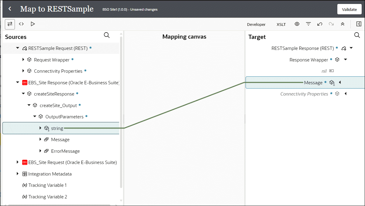 The string element in the Source section is mapped to the Message element in the Target section.