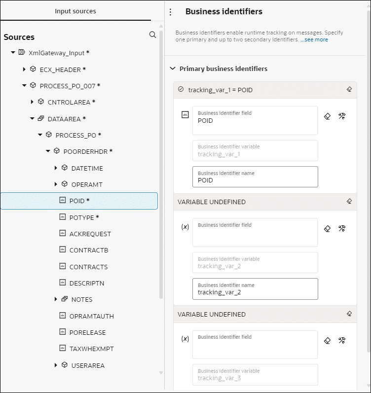 This image shows the Business identifiers panel. The Input sources tree is displayed on the left side. On the right side, the Primary business identifiers fields are shown. In this example, a field called “POID” from the Sources tree is being dragged to the Business identifiers field on the right side. Hence, a checkmark is displayed to the left of the POID element.