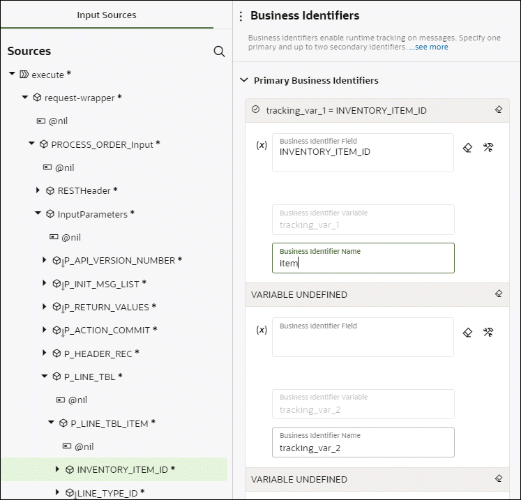 This image shows the Business Identifiers panel. The Input Sources tree is displayed on the left side. On the right side, the Primary Business Identifiers fileds are shown. In this example, a field called “INVENTORY_ITEM_ID” from the Sources tree is being dragged to the Business Identifiers Field on the right side. Hence, a checkmark is displayed to the left of this element.