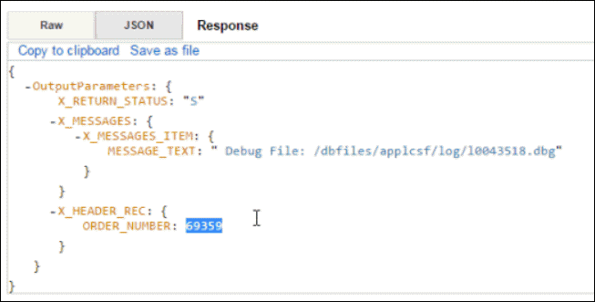 This image shows the Response tab with an order number 69359 highlighted to indicate a successful REST service invocation from any REST client.