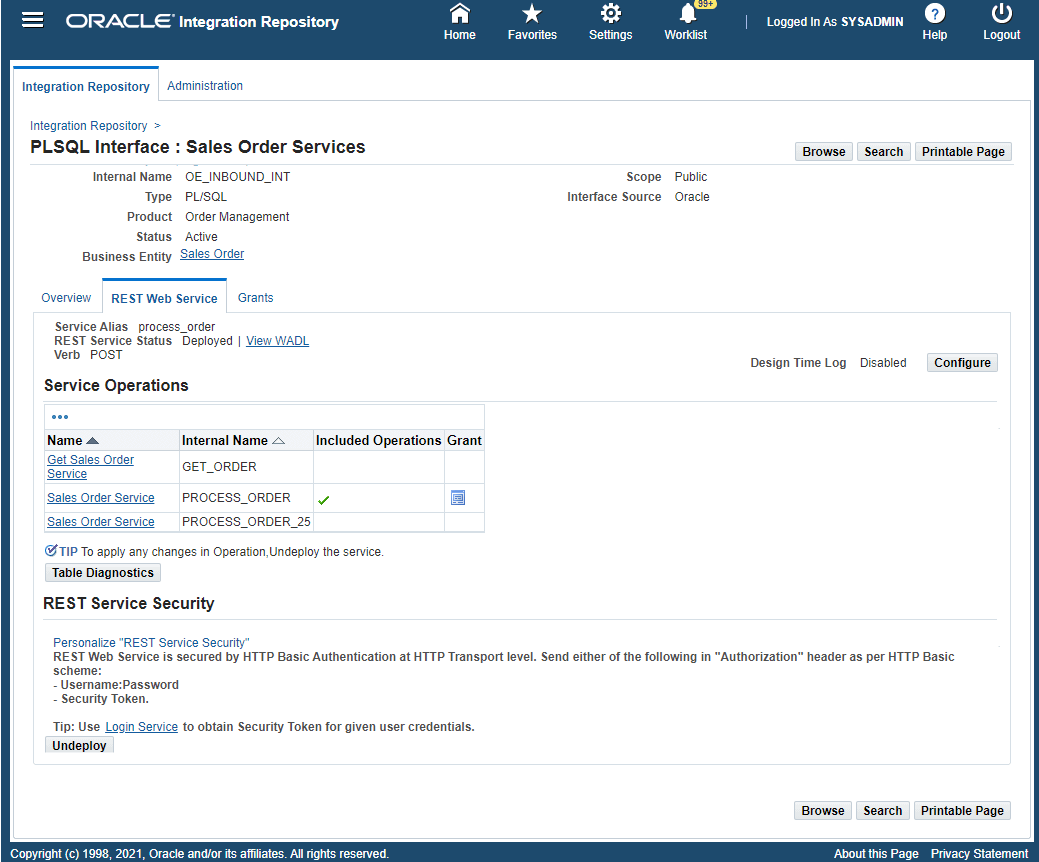 This image shows the PL/SQL Interface Details page. At the top of this page shows the selected Integration Repository tab and the Administration tab. Below the Integration Repository tab, "PLSQL Interface: Sales Order Services" is shown with the Browse, Search, and Printable Page buttons. Below, on the left side the following read-only fields are displayed top to bottom — Internal Name, Type, Product, Business Entities, and Online Help. On the right side, the Status and Scope fields are displayed top to bottom. In the middle of this page, there are the Overview tab, the REST Web Service tab, and the Grants tab displayed from left to right. In the REST Web Service tab being shown, the Service Alias field with “process_order”, REST Service Status with “Deployed”, and Verb POST are displayed top to bottom. The View WADL link is shown next to the REST Service Status field. Below, there is a Service Operations table with these column names — Name, Internal Name, Included Operations, and Grant. This table contains the following names and its associated Internal Name: Get Sales Order Service, GET_ORDER, Sales Order Service, PROCESS_ORDER, Sales Order Service, PROCESS_ORDER_25. Note that the Sales Order Service, PROCESS_ORDER mentioned above has additional information shown in the table, including a green check mark in the Included Operations column and a Grant icon in the Grants column. At the bottom of this page, the REST Service Security region is shown. Below the region, this is the Undeploy button.