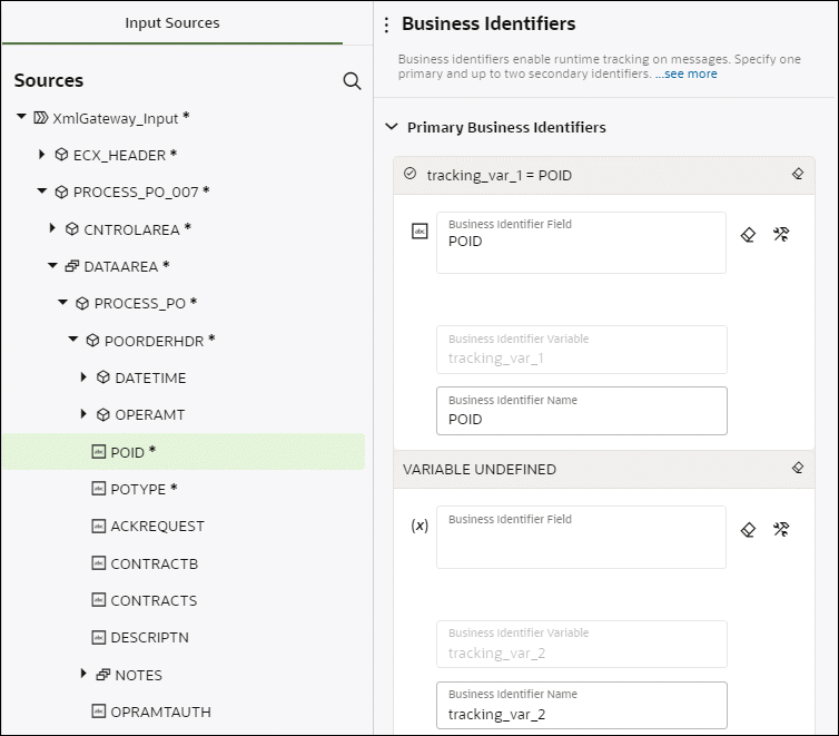 This image shows the Business Identifiers panel. The Input Sources tree is displayed on the left side. On the right side, the Primary Business Identifiers fileds are shown. In this example, a field called “POID” from the Sources tree is being dragged to the Business Identifiers Field on the right side. Hence, a checkmark is displayed to the left of the POID element.