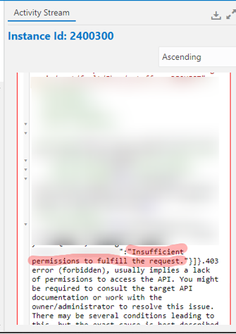 Activity stream shows the error message: Insufficient permissions to fulfill the request.