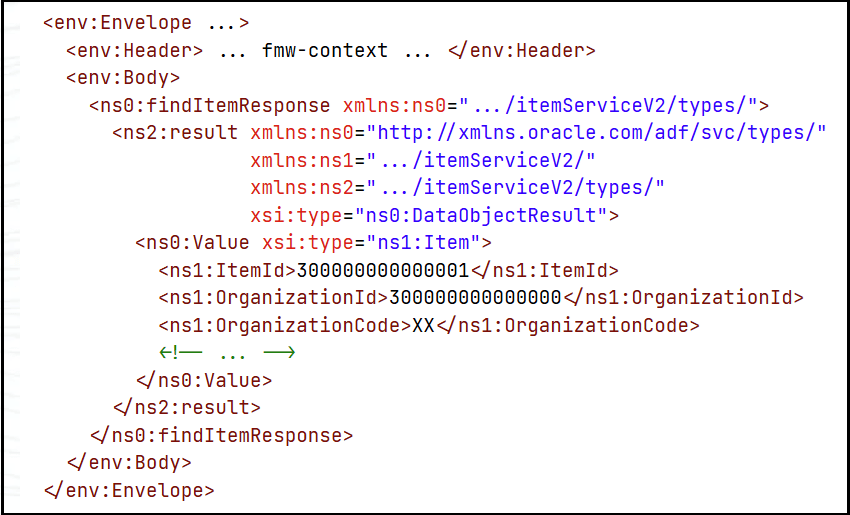 The <env: Envelope> section includes the <env: Body> section, which includes a Value element between the result and items elements. The <env: Envelope> section includes the <env: Body> section, which includes a Value element between the result and items elements.