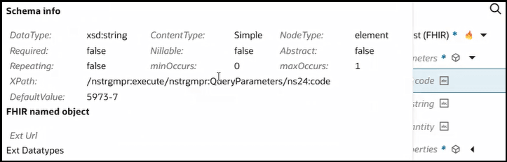 The Schema info popup message is shown. This message shows the Data Type, Required, Repeating, XPath, and Default Value fields. The FHIR named object label also appears. The Schema info popup message is shown. This message shows the Data Type, Required, Repeating, XPath, and Default Value fields. The FHIR named object label also appears.