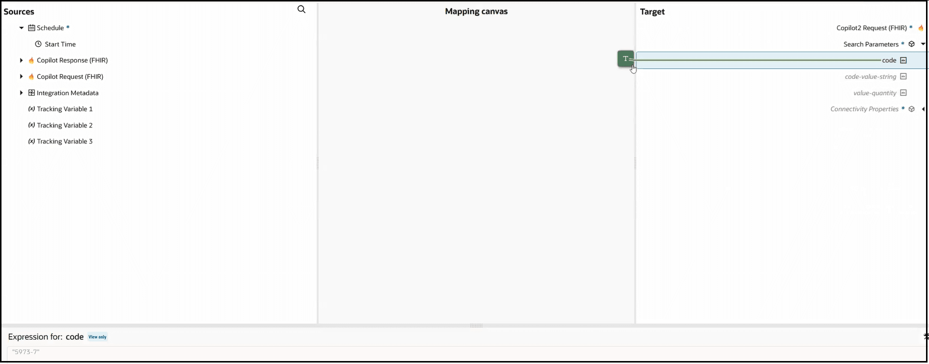 This image shows the Sources, Mapping canvas, and Target sections of the mapper. The target code element is selected. A "T" icon is shown. At the bottom, the Expression Builder shows the assigned default value for this element. This image shows the Sources, Mapping canvas, and Target sections of the mapper. The target code element is selected. A "T" icon is shown. At the bottom, the Expression Builder shows the assigned default value for this element.