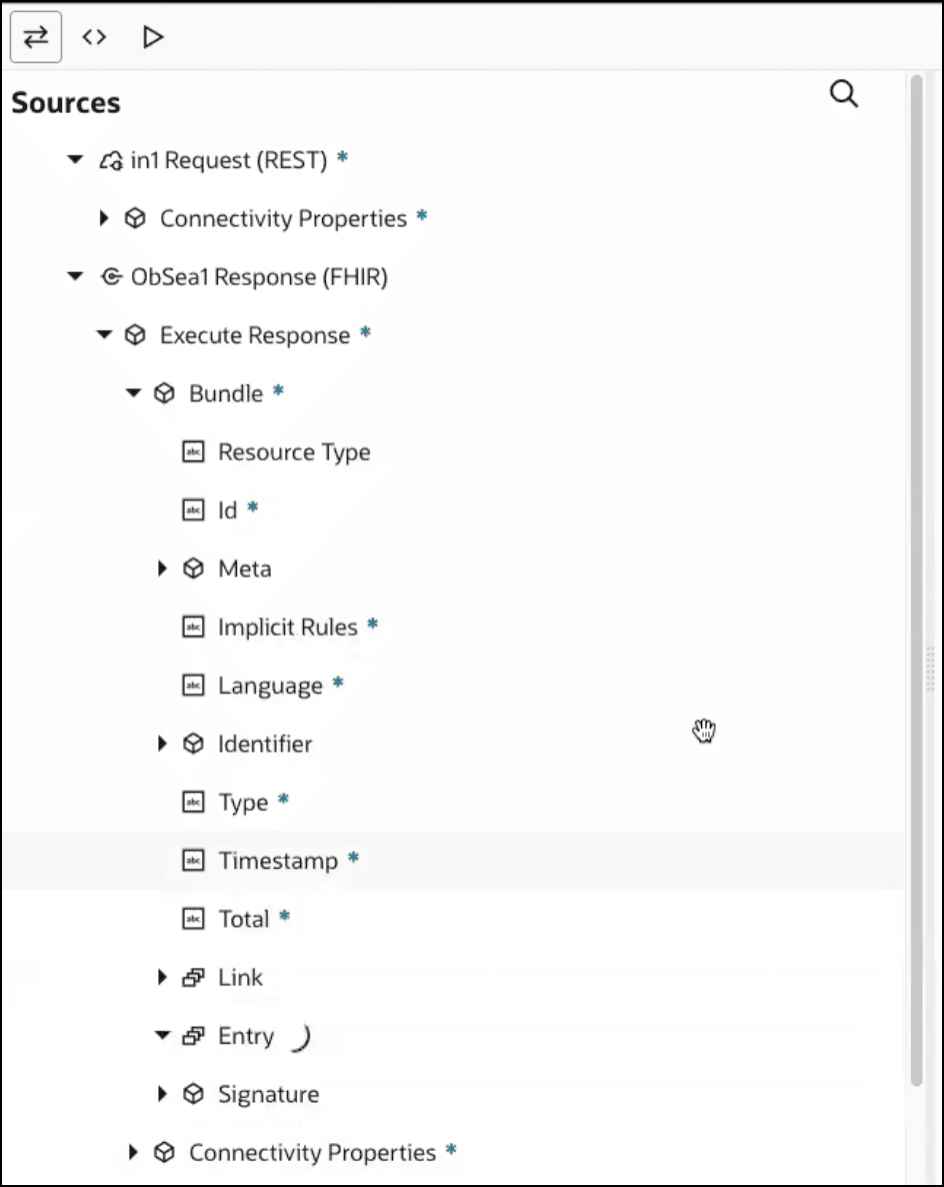 The Sources Bundle is expanded to show Resource Type, Id, Meta, Implicit Rules, Language, Identifier, Type, Timestamp, Total, Link, Entry, Signature. The Sources Bundle is expanded to show Resource Type, Id, Meta, Implicit Rules, Language, Identifier, Type, Timestamp, Total, Link, Entry, Signature.