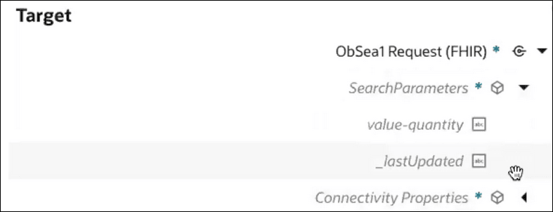 The Target SearchParameters element is expanded to show value-quantity and lastUpdated. The Target SearchParameters element is expanded to show value-quantity and lastUpdated.