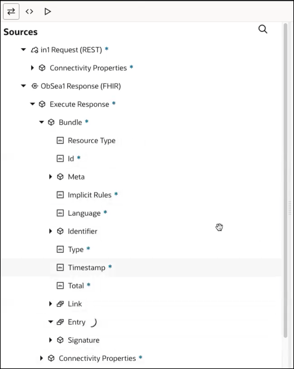 The Sources Bundle is expanded to show Resource Type, Id, Meta, Implicit Rules, Language, Identifier, Type, Timestamp, Total, Link, Entry, Signature.