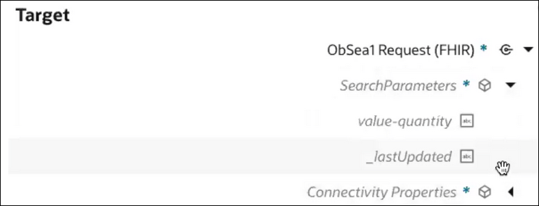 The Target SearchParameters element is expanded to show value-quantity and lastUpdated.