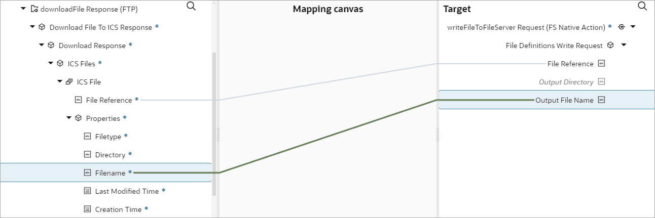 In the mapper, File Reference is connected to File Reference, and Filename is connected to Output File Name