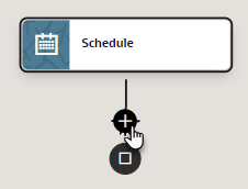 A mouse cursor points to the line that comes out of the Schedule box. A plus sign + button appears.