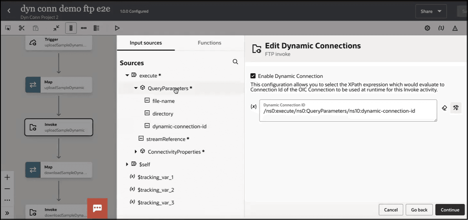 The integration is shown on the left side. The invoke connection is selected for editing. The Edit Dynamic Connections page is shown. The Input sources and Functions tabs are shown. The Input sources tree is expanded to show the dynamic-connection-id. To the right, the Enable Dynamic Connection check box is selected. Below this is the Dynamic Connection ID field, which is populated with the dynamic-connection-id XPath expression. Two icons appear to the right of this field. The integration is shown on the left side. The invoke connection is selected for editing. The Edit Dynamic Connections page is shown. The Input sources and Functions tabs are shown. The Input sources tree is expanded to show the dynamic-connection-id. To the right, the Enable Dynamic Connection check box is selected. Below this is the Dynamic Connection ID field, which is populated with the dynamic-connection-id XPath expression. Two icons appear to the right of this field.