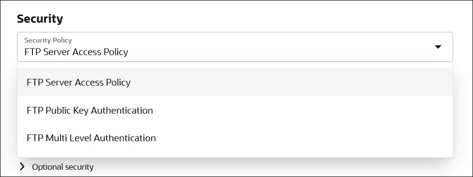 Security section with options for FTP Server Access Policy, FTP Public Key Authentication, and FTP Multi Level Authentication.