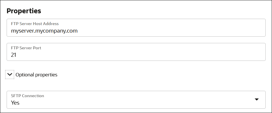 Connection Properties section with FTP Server Host Address, FTP Server Port, and SFTP Connection fields