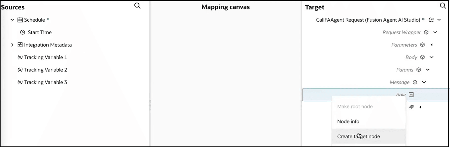 The Sources, Mapping canvas, and Target sections are shown. The target Role element is being right-clicked and the Create target node option is being selected.