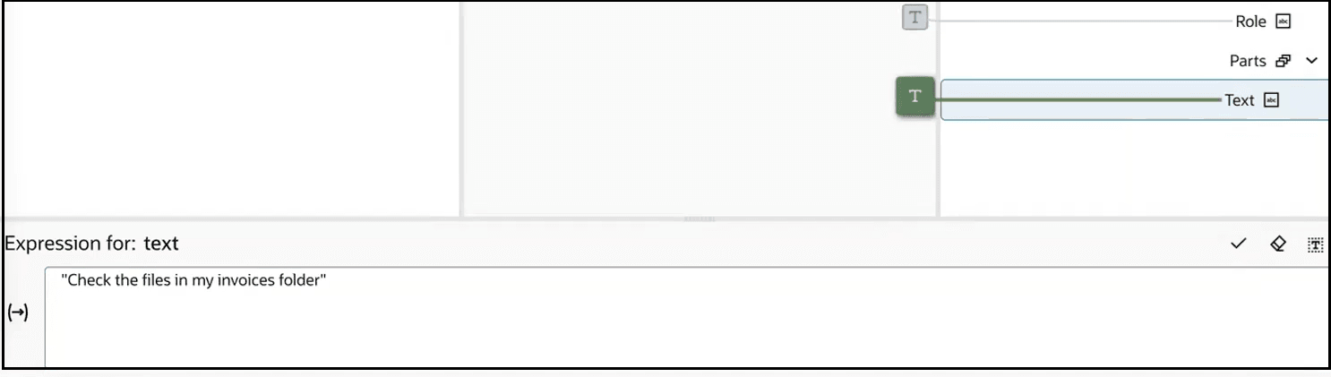 The target Text element is highlighted. In the Expression Builder, the value is set to "Check the files in my invoices folder".