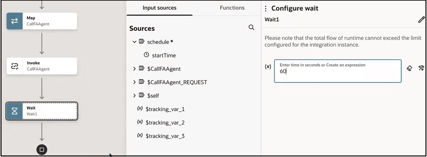 The wait action is being edited. The Input sources tab is selected. A value of 60 is entered in the Enter time in seconds or create an expression field.