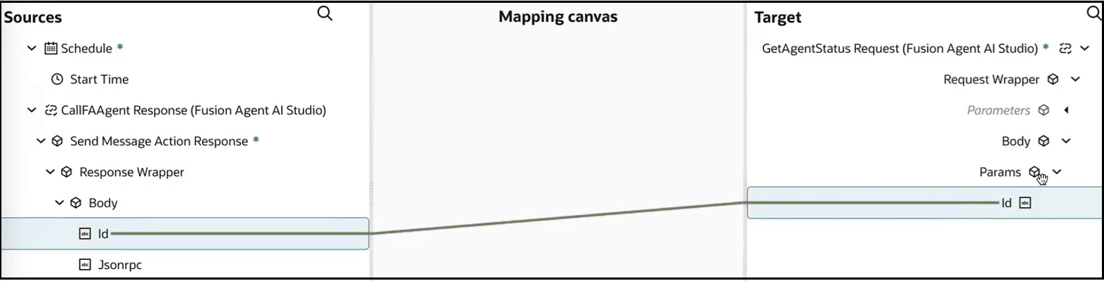 The Sources, Mapping canvas, and Target sections are shown. The source Id element is mapped to the target Id element.