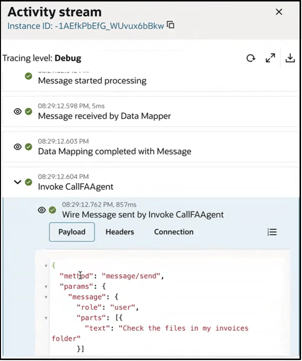 The activity stream is shown in debug mode. The role with a value of "user" and the text with a value of "Check the files in my invoices" are shown.