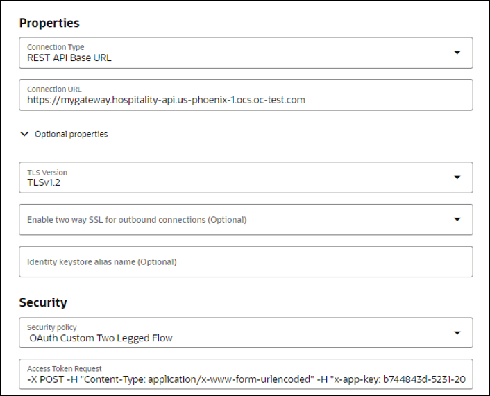 The Properties section shows the Connection Type and Connection URL fields. Below this, the Optional properties subsection is expanded to show the TLS Version, Enable two way SSL for outbound connections (Optional) and Identity keystore alias name (Optional) fields. Below this is the Security section, which shows fields for Security policy and Access Token Request.