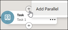 The image shows a Task node. There are two plus signs on the top and bottom of the node. An Add Parallel menu is open.