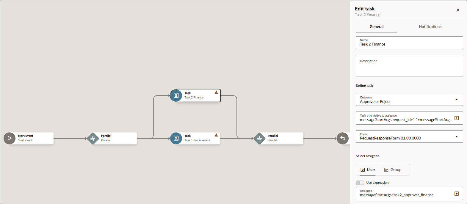 Screenshot of a workflow designer showing a parallel approval workflow with an Edit task panel open for Task 1 Procurement. The workflow begins with a Start Event, followed by a Parallel gateway that splits into two concurrent tasks: Task 1 Procurement on the lower branch and Task 2 Finance on the upper branch. The branches rejoin at a second Parallel gateway before continuing to an End event. On the right, the Edit task panel displays details about Task 2 Finance such as Name, Description, Outcome, Task title, Form and Assignee.