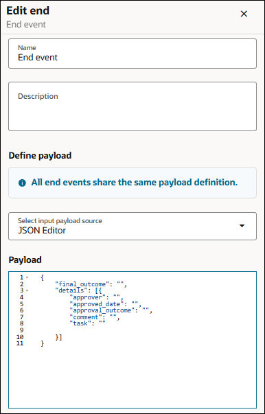 The image shows the Edit end dialog for configuring a workflow end event. The panel includes a Name field populated with End event and an empty Description field. Under Define payload, an informational message states, "All end events share the same payload definition." A dropdown labeled "Select input payload source" is set to JSON Editor. Below it, the Payload section displays a JSON template containing a final_outcome field and a details array with objects that include the fields approver, approved_date, approval_outcome, comment, and task. The image shows the Edit end dialog for configuring a workflow end event. The panel includes a Name field populated with End event and an empty Description field. Under Define payload, an informational message states, "All end events share the same payload definition." A dropdown labeled "Select input payload source" is set to JSON Editor. Below it, the Payload section displays a JSON template containing a final_outcome field and a details array with objects that include the fields approver, approved_date, approval_outcome, comment, and task.