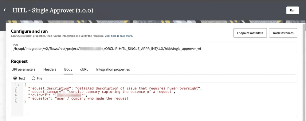 The Configure and run page of the integration with the request payload