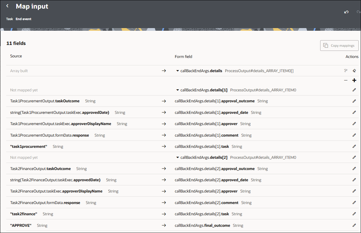 Screenshot of a Map input configuration page for the End event. The page displays a mapping table with fields configured. An Actions column on the right provides edit (pencil) icons for each mapping row.
