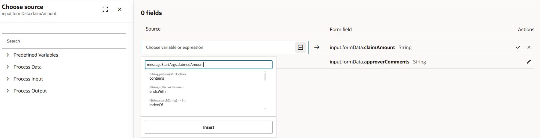 This image shows the expression editor that opens when you click the + icon in the Source field of the mapping. This image shows the expression editor that opens when you click the + icon in the Source field of the mapping.