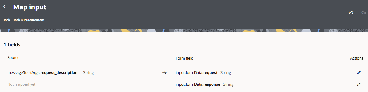 Screenshot of a Map input configuration page for the Task 1 Procurement task. The page displays a mapping table with 1 field configured. In the first row, the source field messageStartArgs.request_description (String) is mapped to the form field input.formData.request (String), indicated by a right-arrow. An Actions column on the right provides edit (pencil) icons for each mapping row.