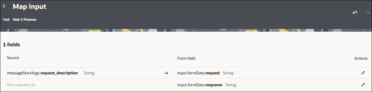 Screenshot of a Map input configuration page for the Task 2 Finance task. The page displays a mapping table with 1 field configured. In the first row, the source field messageStartArgs.request_description (String) is mapped to the form field input.formData.request (String), indicated by a right-arrow. An Actions column on the right provides edit (pencil) icons for each mapping row.