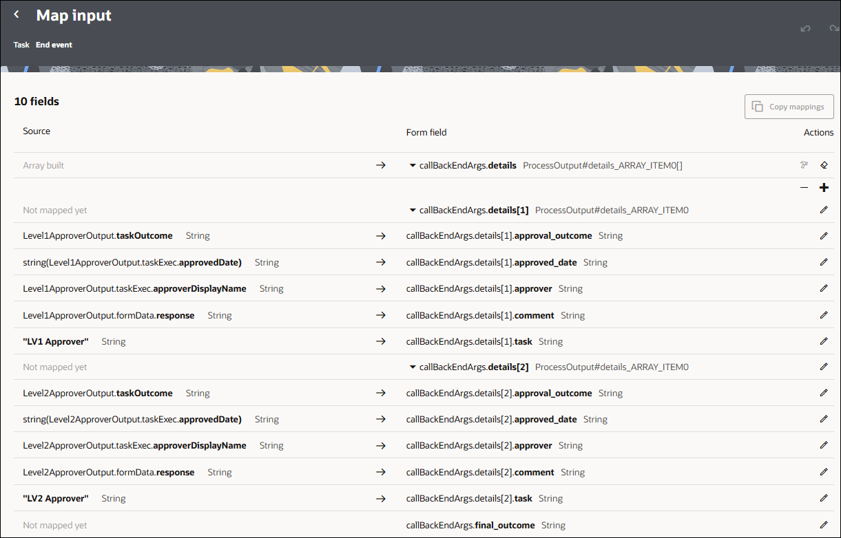 Screenshot of a Map input configuration page for the End event. The page displays a mapping table with fields configured. An Actions column on the right provides edit (pencil) icons for each mapping row. Screenshot of a Map input configuration page for the End event. The page displays a mapping table with fields configured. An Actions column on the right provides edit (pencil) icons for each mapping row.