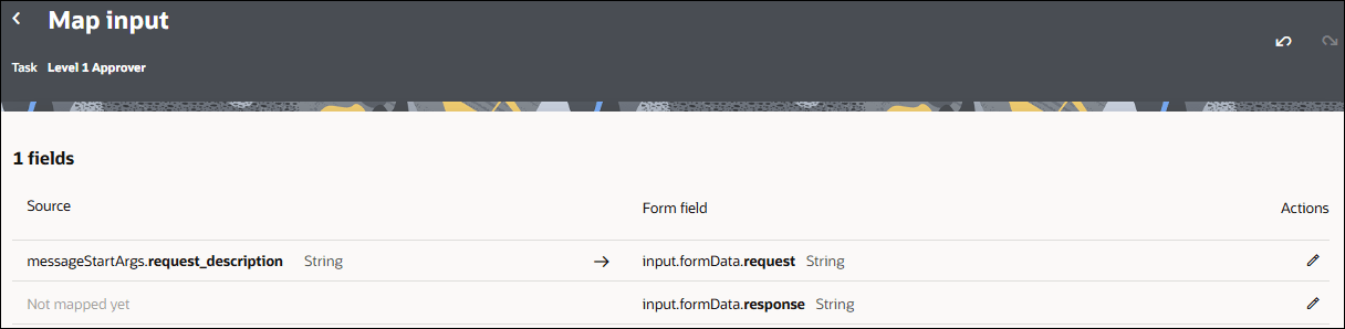 Screenshot of a Map input configuration page for the Level 1 Approver task. The page displays a mapping table with 1 field configured. In the first row, the source field messageStartArgs.request_description (String) is mapped to the form field input.formData.request (String), indicated by a right-arrow. An Actions column on the right provides edit (pencil) icons for each mapping row. Screenshot of a Map input configuration page for the Level 1 Approver task. The page displays a mapping table with 1 field configured. In the first row, the source field messageStartArgs.request_description (String) is mapped to the form field input.formData.request (String), indicated by a right-arrow. An Actions column on the right provides edit (pencil) icons for each mapping row.