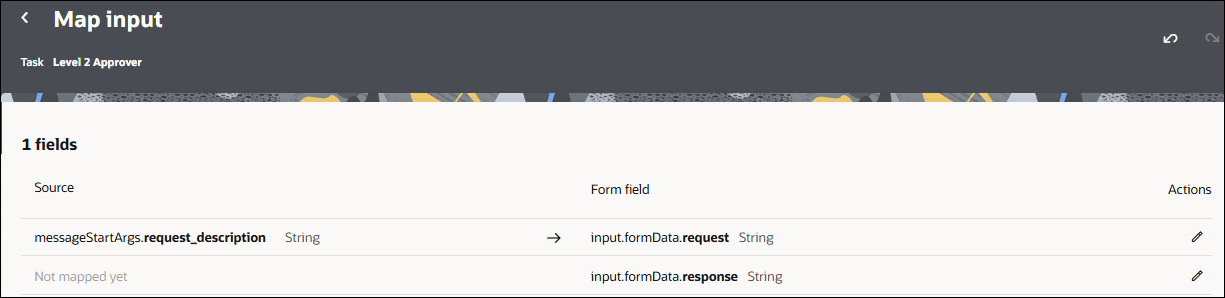 Screenshot of a Map input configuration page for the Level 2 Approver task. The page displays a mapping table with 1 field configured. In the first row, the source field messageStartArgs.request_description (String) is mapped to the form field input.formData.request (String), indicated by a right-arrow. An Actions column on the right provides edit (pencil) icons for each mapping row. Screenshot of a Map input configuration page for the Level 2 Approver task. The page displays a mapping table with 1 field configured. In the first row, the source field messageStartArgs.request_description (String) is mapped to the form field input.formData.request (String), indicated by a right-arrow. An Actions column on the right provides edit (pencil) icons for each mapping row.