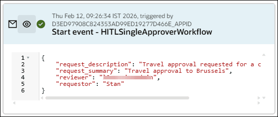 The runtime details of a start event in an activity stream