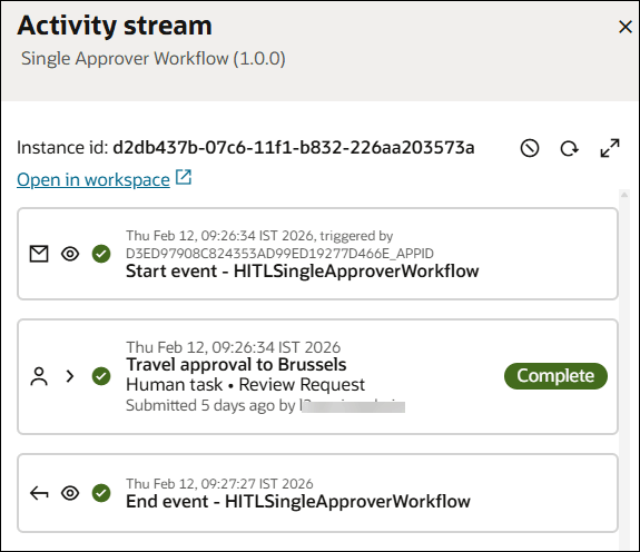The Activity stream appears for a workflow instance.