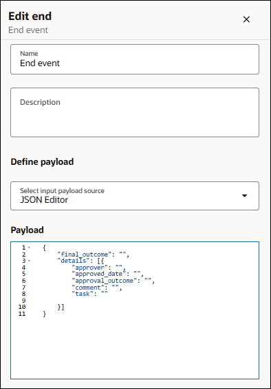 The image shows the Edit end dialog for configuring a workflow end event. The panel includes a Name field populated with End event and an empty Description field. Under Define payload, an informational message states, "All end events share the same payload definition." A dropdown labeled "Select input payload source" is set to JSON Editor. Below it, the Payload section displays a JSON template containing a final_outcome field and a details array with objects that include the fields approver, approved_date, approval_outcome, comment, and task.