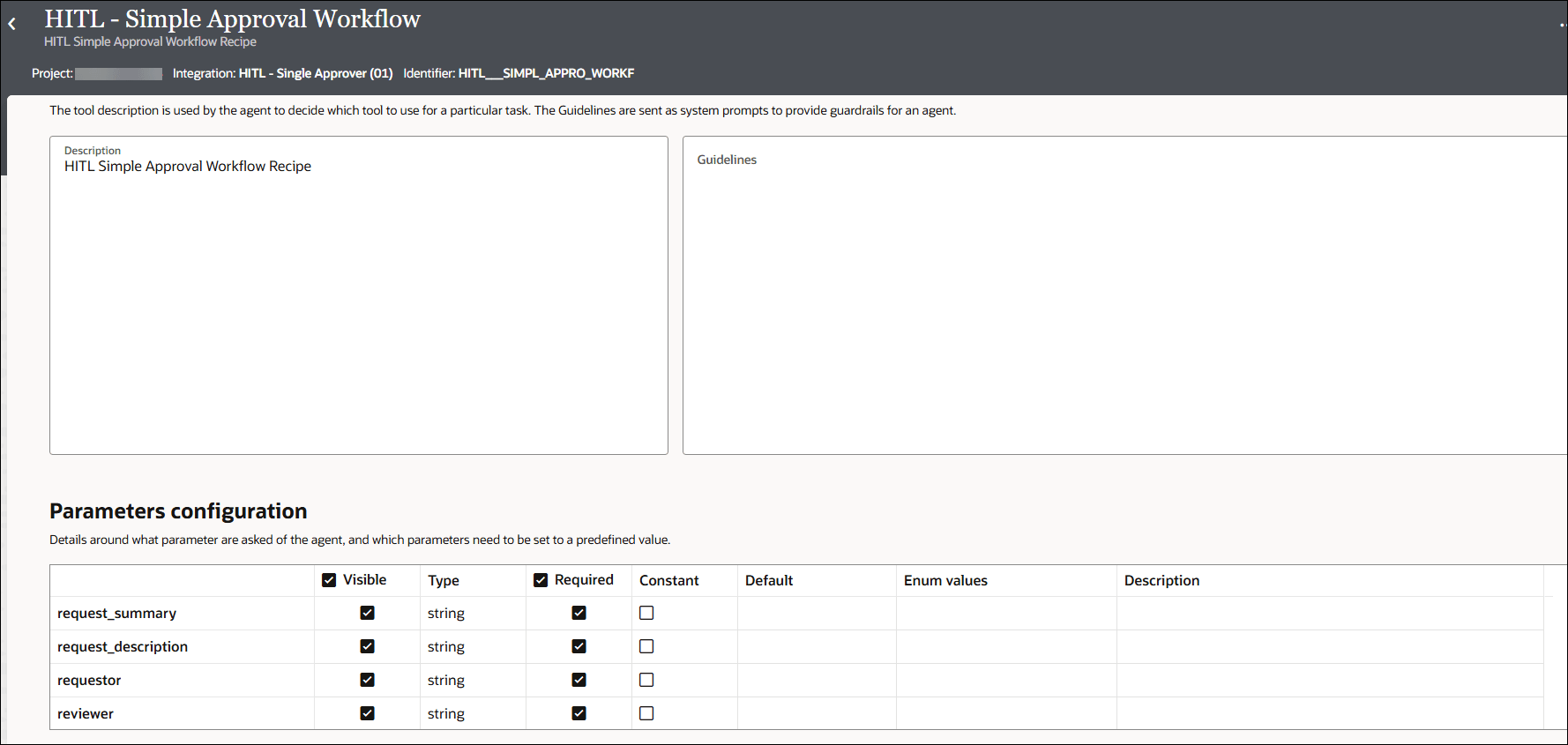 The tool details page with the description, guidelines and parameters section.