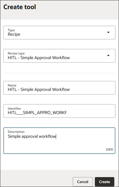 The Create tool dialog with the Type, Recipe type, Name, Identifier and Description fields.