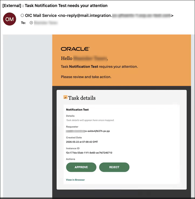 A task notification email sent to an assignee. Task details such as Requestor, Created Date and Instance ID are listed from top to bottom. Two action buttons APPROVE and REJECT are present. At the bottom, a View in Browser link is present.