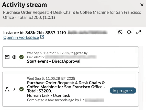 The activity stream showing details for the start event and user task activities in the workflow.